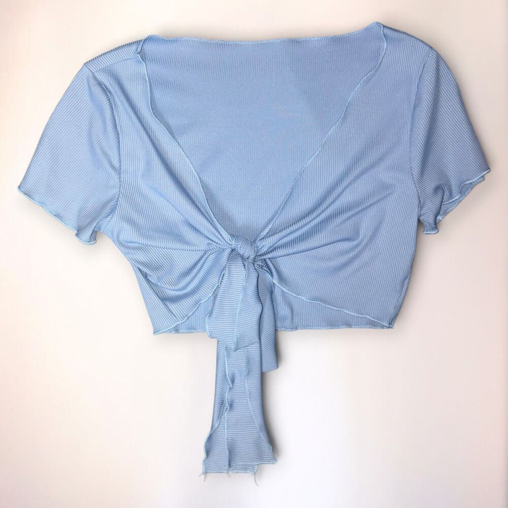 Women's Small Light Blue Ribbed Tie Front Crop Top Short Sleeve V Neck